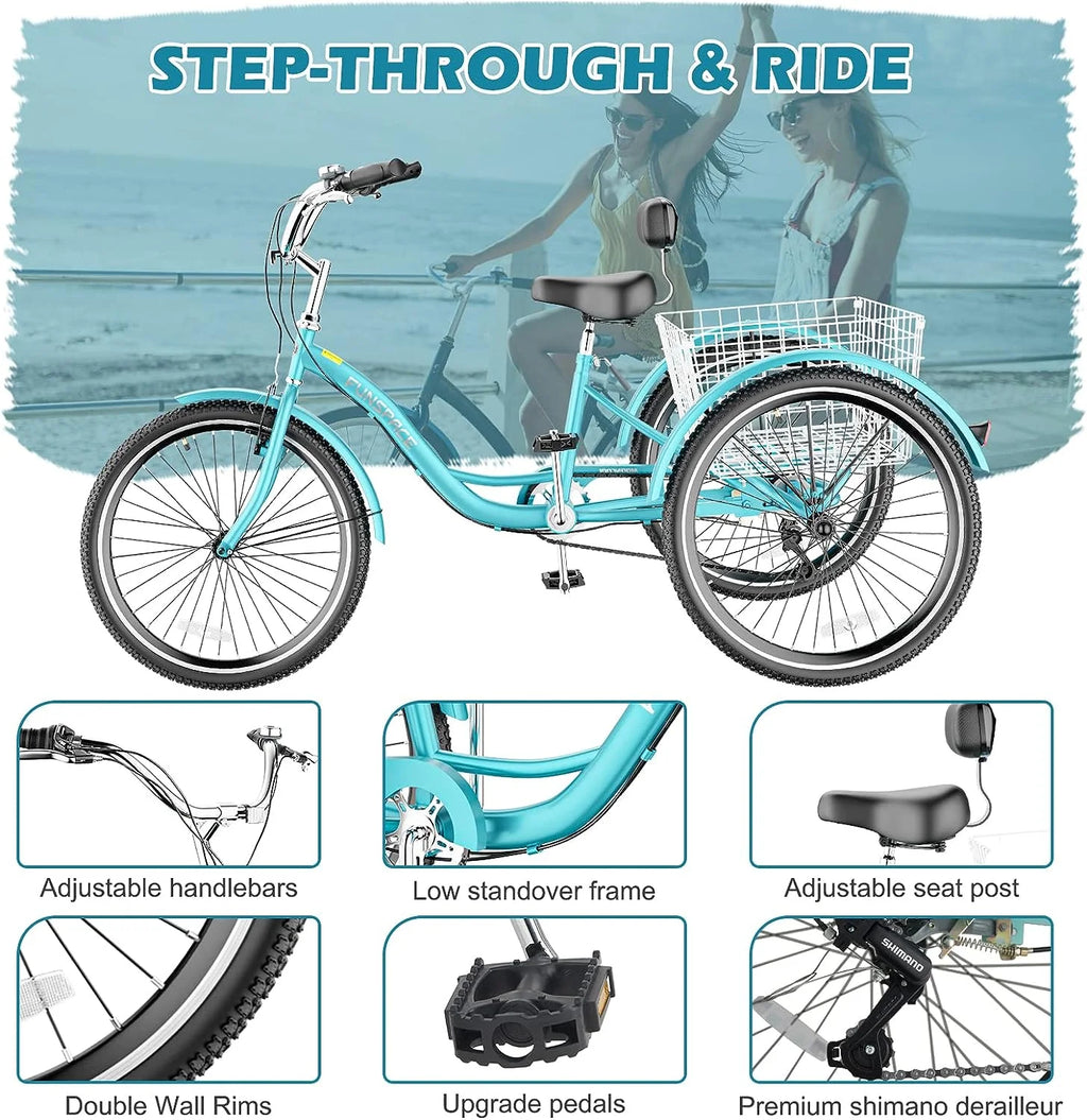 Tricycles pour adultes MOONCOOL avec panier arrière et pompe à pied, vélos à 3 roues 7 vitesses de 24 et 26 pouces, vélo à trois roues pour adultes avec dossier pour seniors, femmes et hommes