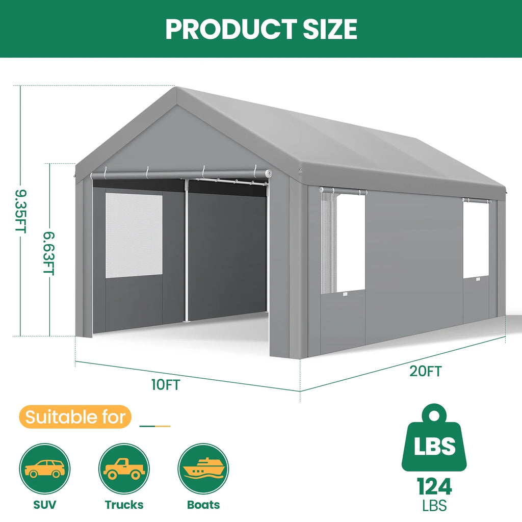 COBIZI Carport 10'x20' Grande tente pour voiture robuste avec structure en acier thermolaqué, garage portable avec parois latérales et portes amovibles, auvent pour voiture avec bâche toutes saisons pour fête en plein air, anniversaire, gris