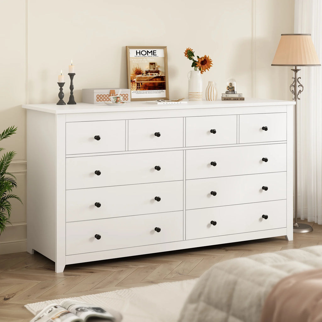 EnHomee Commode blanche pour chambre avec 10 tiroirs, commode moderne en bois, large chiffonnier pour adultes