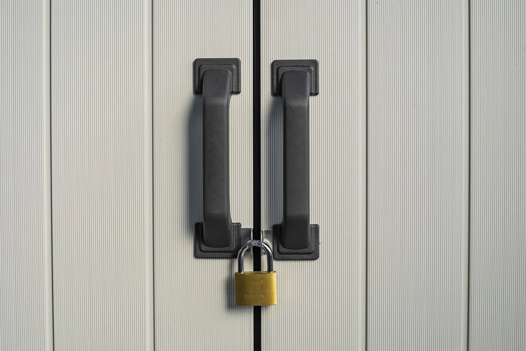 Keter Premier Abri de rangement vertical haut et robuste en résine pour l'extérieur, avec plancher et portes doubles verrouillables, Gris