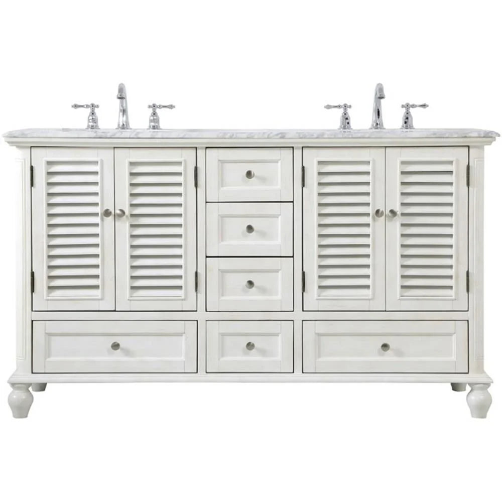 Meuble-lavabo double élégant de 60 pouces pour salle de bain, blanc antique