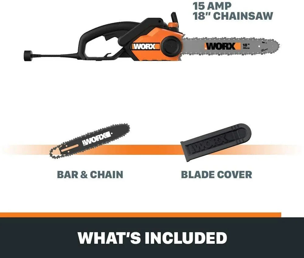 Worx WG304.2 Tronçonneuse électrique 18 po 15 Amp avec tension automatique, frein de chaîne