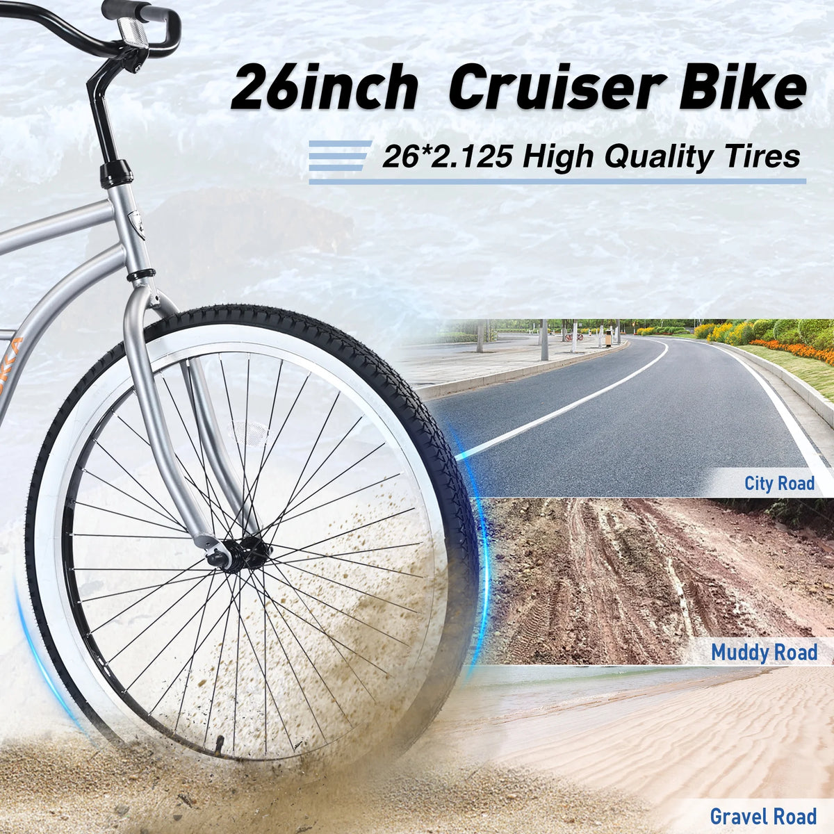 Vélo de plage 26 pouces, vélo à vitesse unique avec cadre en acier, pneus larges et frein à pédale arrière, vélo urbain confortable pour homme adulte, argenté