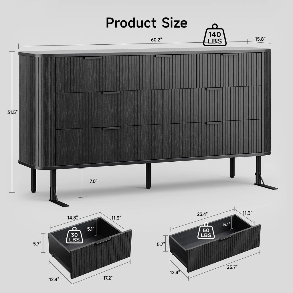 Commode cannelée à 7 tiroirs pour chambre, largeur 60 pouces, moderne, en bois, avec poignées en métal, design aux lignes courbes – Idéale également comme meuble TV pour salon ou couloir, noir