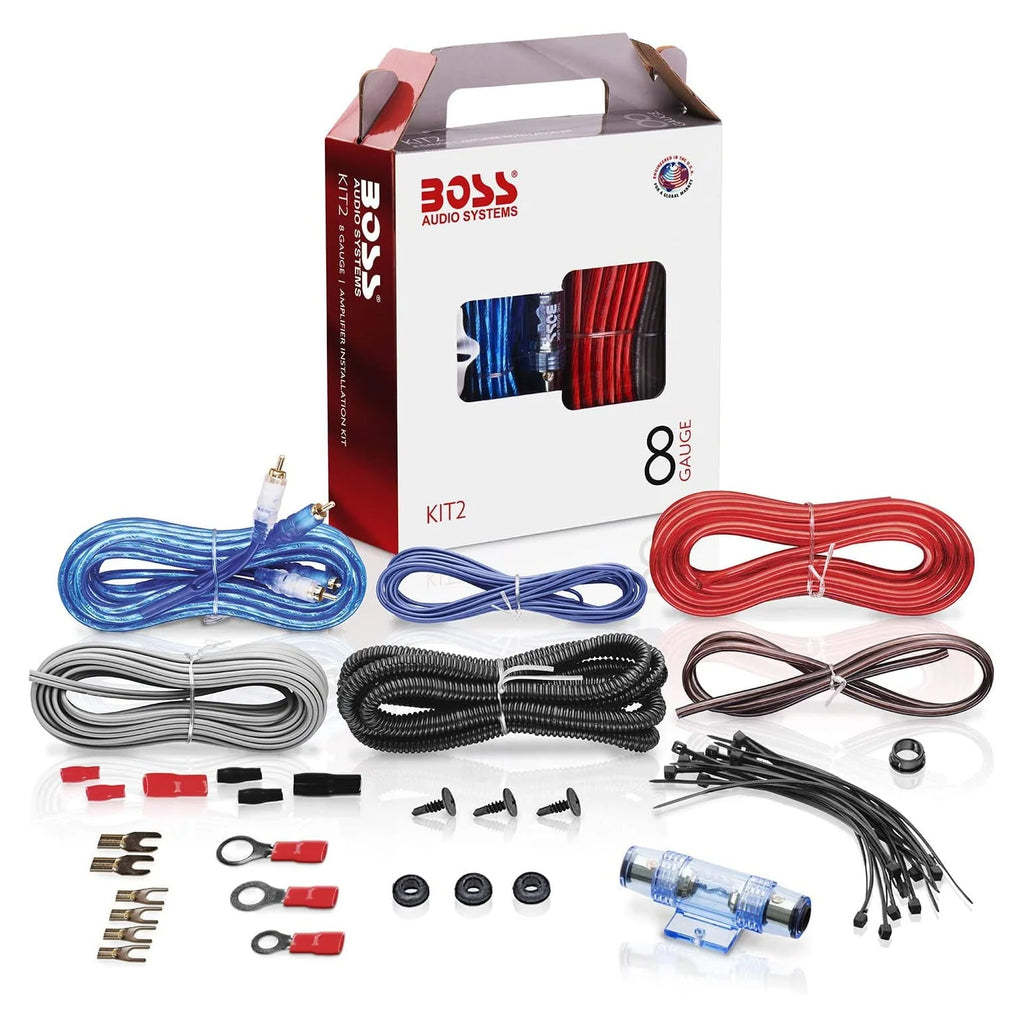 Pack audio MTX comprenant deux caissons de basses pour voiture de 12 pouces, caisson actif et amplificateur avec kit de câblage