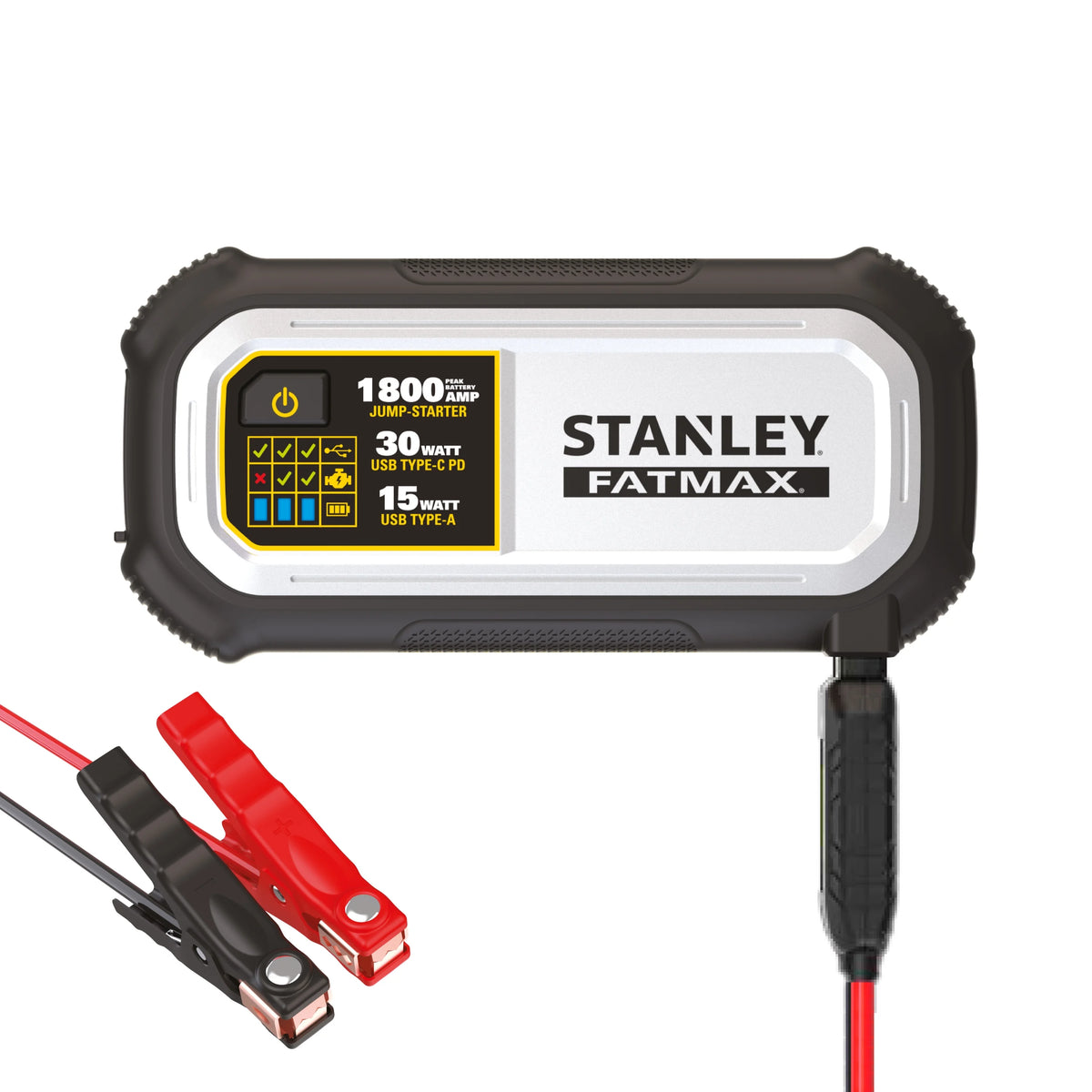 Booster de batterie au lithium Stanley FatMax 1800A avec entrée/sortie USB-C PD 30W et sortie USB-A 15W, pinces incluses