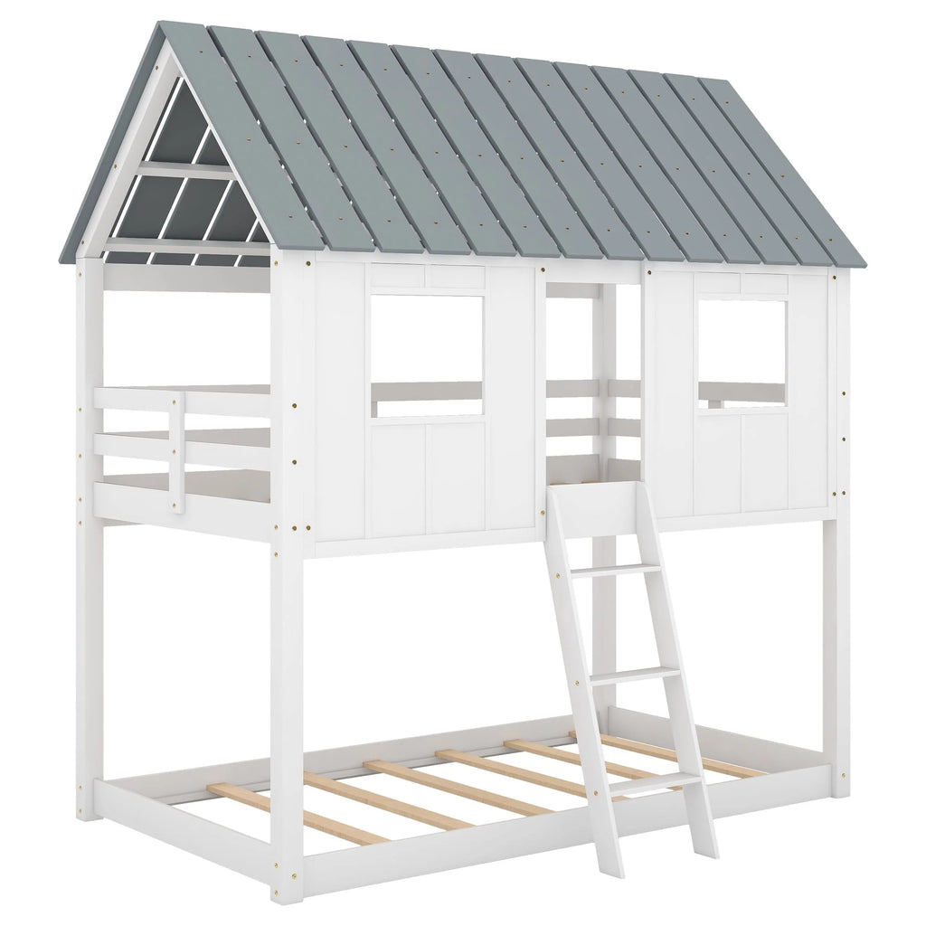Lit superposé bas Euroco avec deux lits simples, toit et barrière de sécurité pour chambre d’enfant, blanc