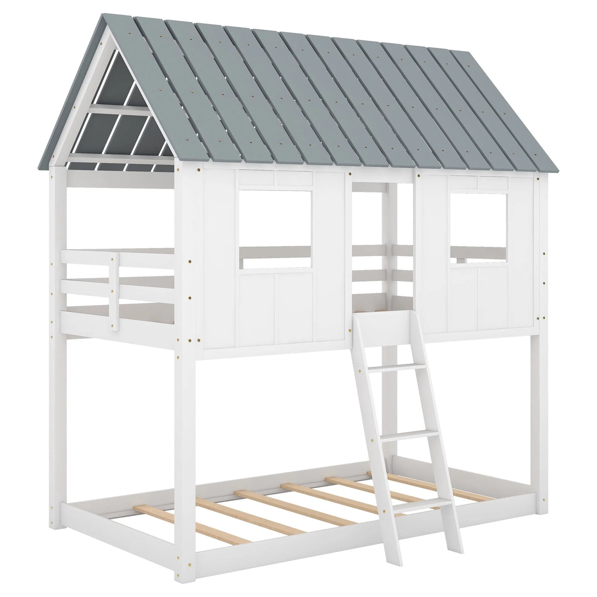 Lit superposé bas Euroco avec deux lits simples, toit et barrière de sécurité pour chambre d’enfant, blanc