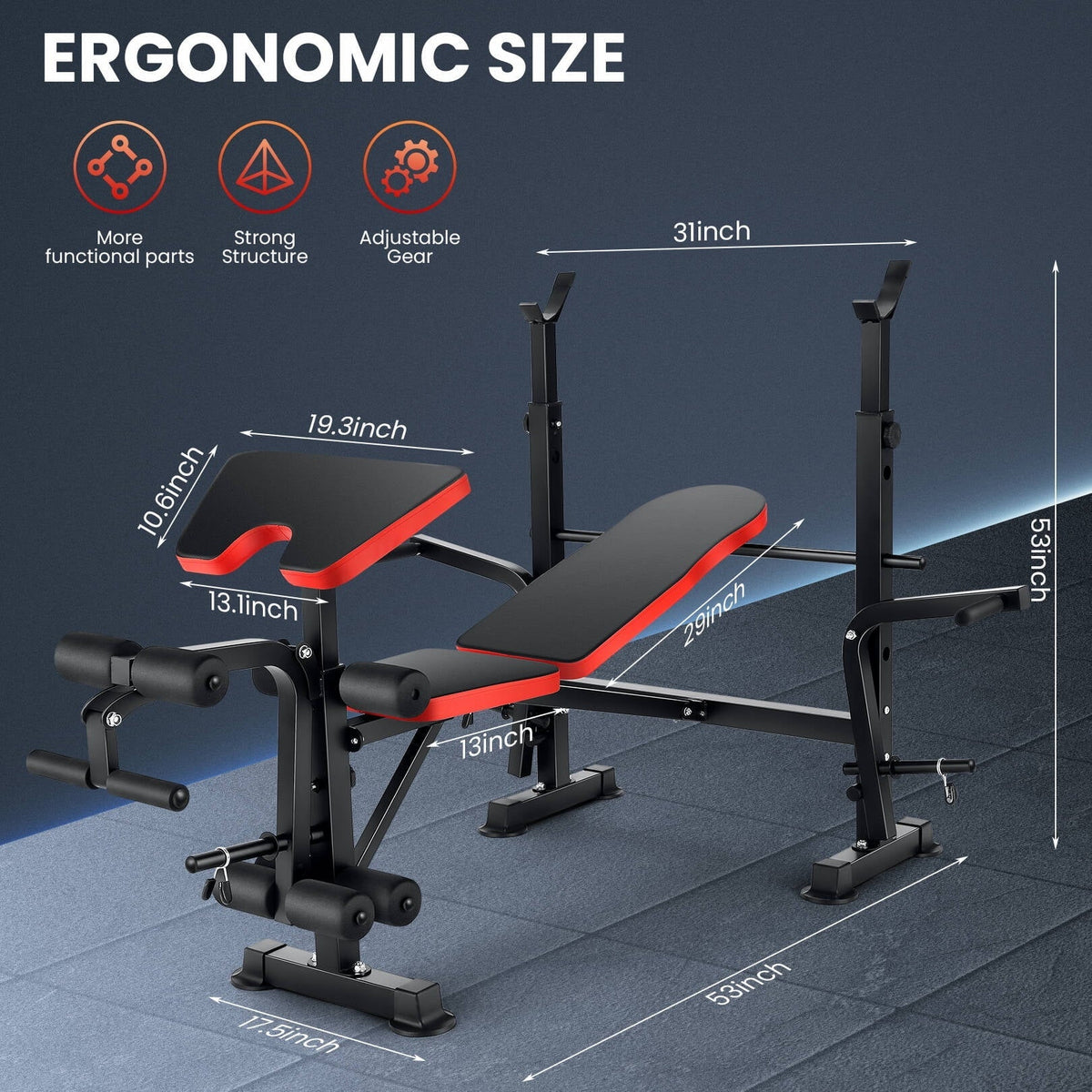 VIBESPARK Banc de musculation réglable 600 lbs Ensemble de banc de musculation pliable 5-en-1 avec Rack à barre, Extension jambes, Pupitre à biceps, Accessoire d'écarté aux haltères, Banc de musculation multifonction
