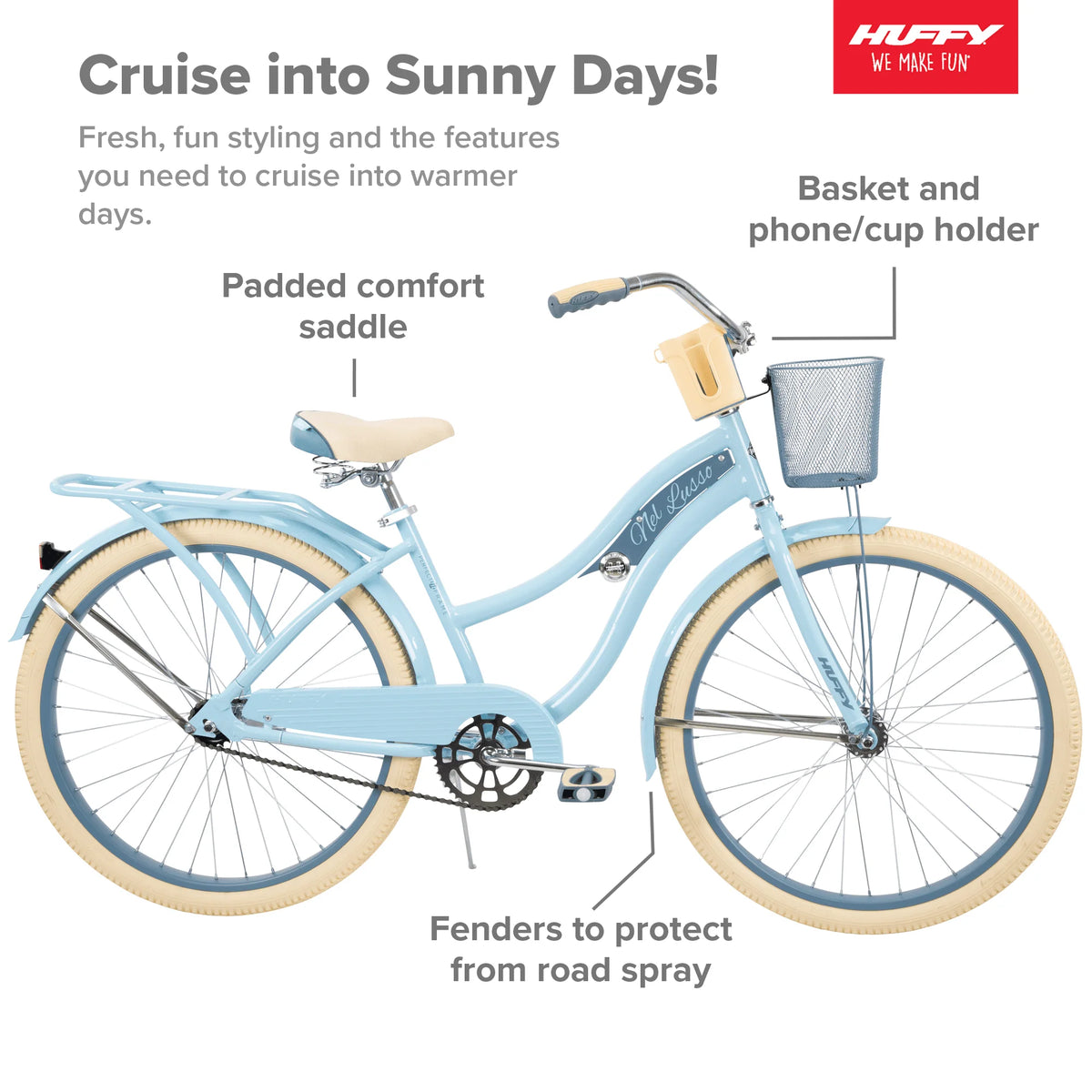 Vélo cruiser Nel Lusso Classic avec cadre à ajustement parfait, pour femme, bleu clair, 26 pouces