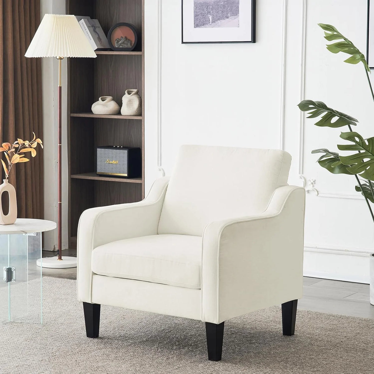 Fauteuil confortable en chenille VINGLI Mid-Century Modern, Blanc crème