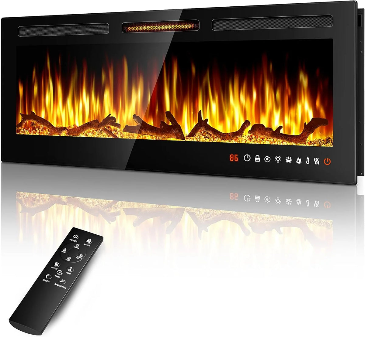 Cheminée électrique 60, cheminée encastrable ultra-fine et murale, cheminée linéaire avec minuterie, télécommande, couleur de flamme réglable, 750 w/1 500 w, noire