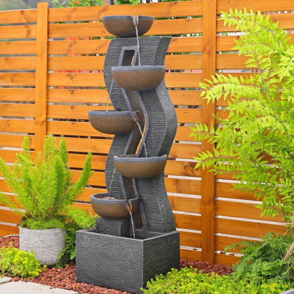 Fontaine d’eau de jardin à 6 niveaux, grande fontaine et cascade d’extérieur avec éclairage pour décoration de terrasse, cour, porche ou piscine