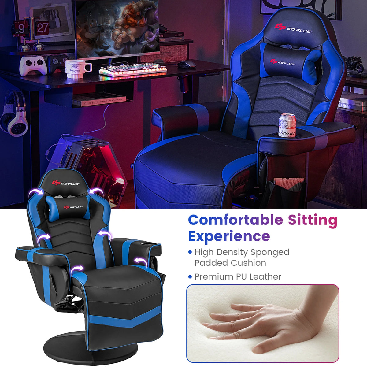 Fauteuil gaming inclinable Goplus avec massage, réglable en hauteur, pivotant, style racing, avec porte-gobelet, rouge
