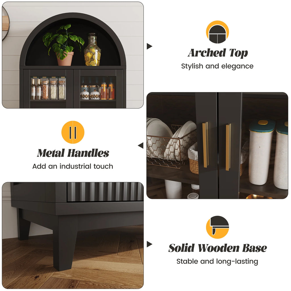 VEANERWOOD 71 Armoire haute cintrée, meuble de rangement de cuisine en bois cannelé avec 4 portes et 6 étagères pour salle à manger et salon