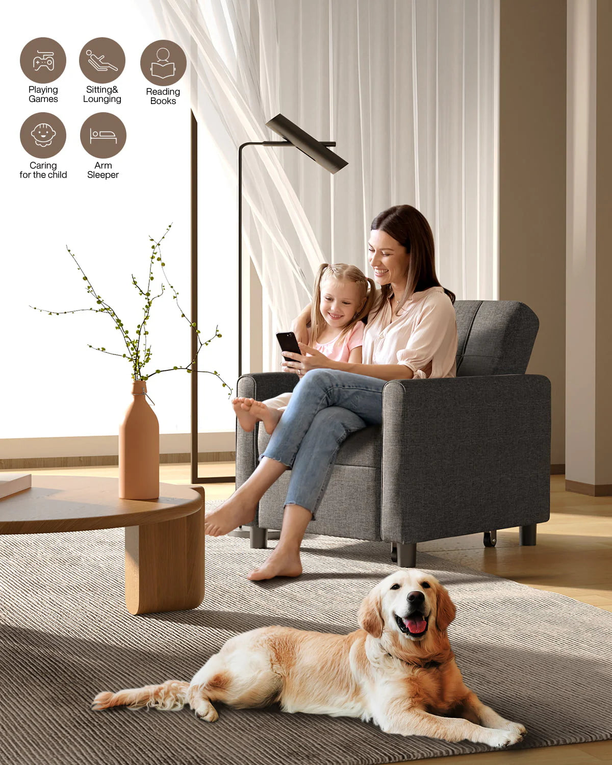 Fauteuil convertible Lofka, canapé-lit inclinable, lit une place pour salon/bureau/chambre, gris clair