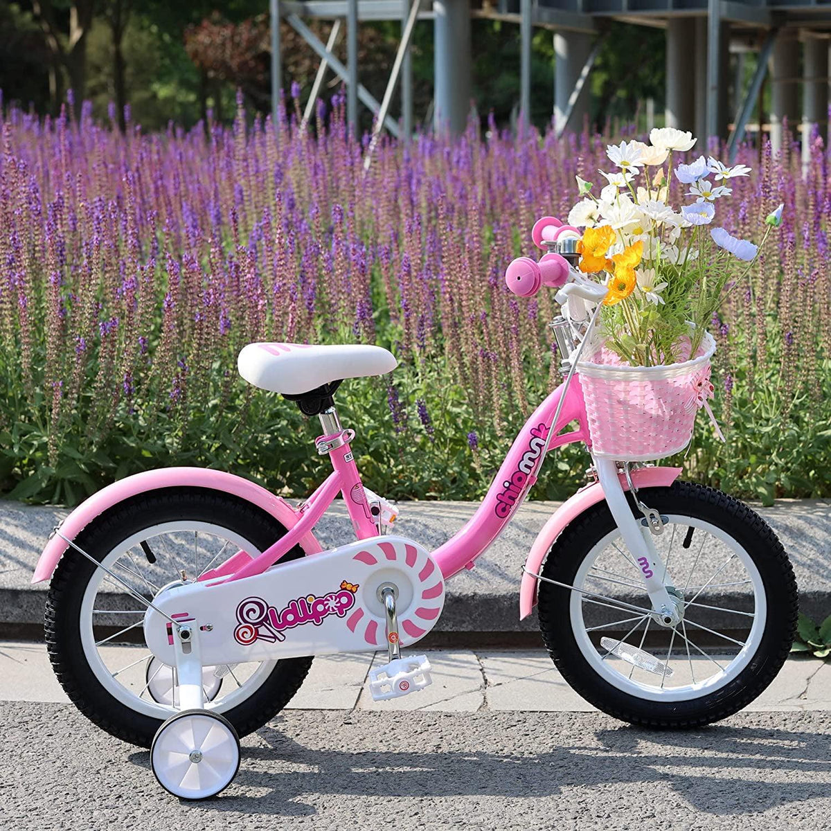 Vélo pour fille RoyalBaby Chipmunk avec panier et roues d’apprentissage, 14 pouces, rose sucette