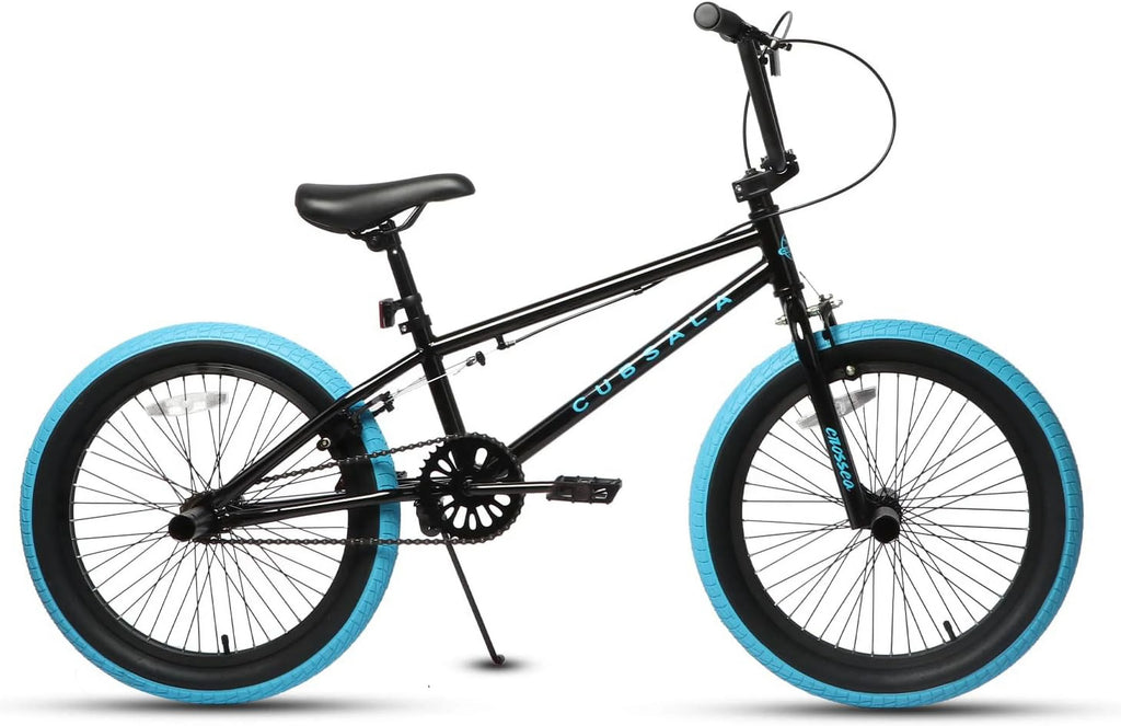 cubsala 20 Vélo BMX Freestyle pour enfants de 6 à 14 ans, garçons et filles, avec 4 cales, noir avec pneus rouges