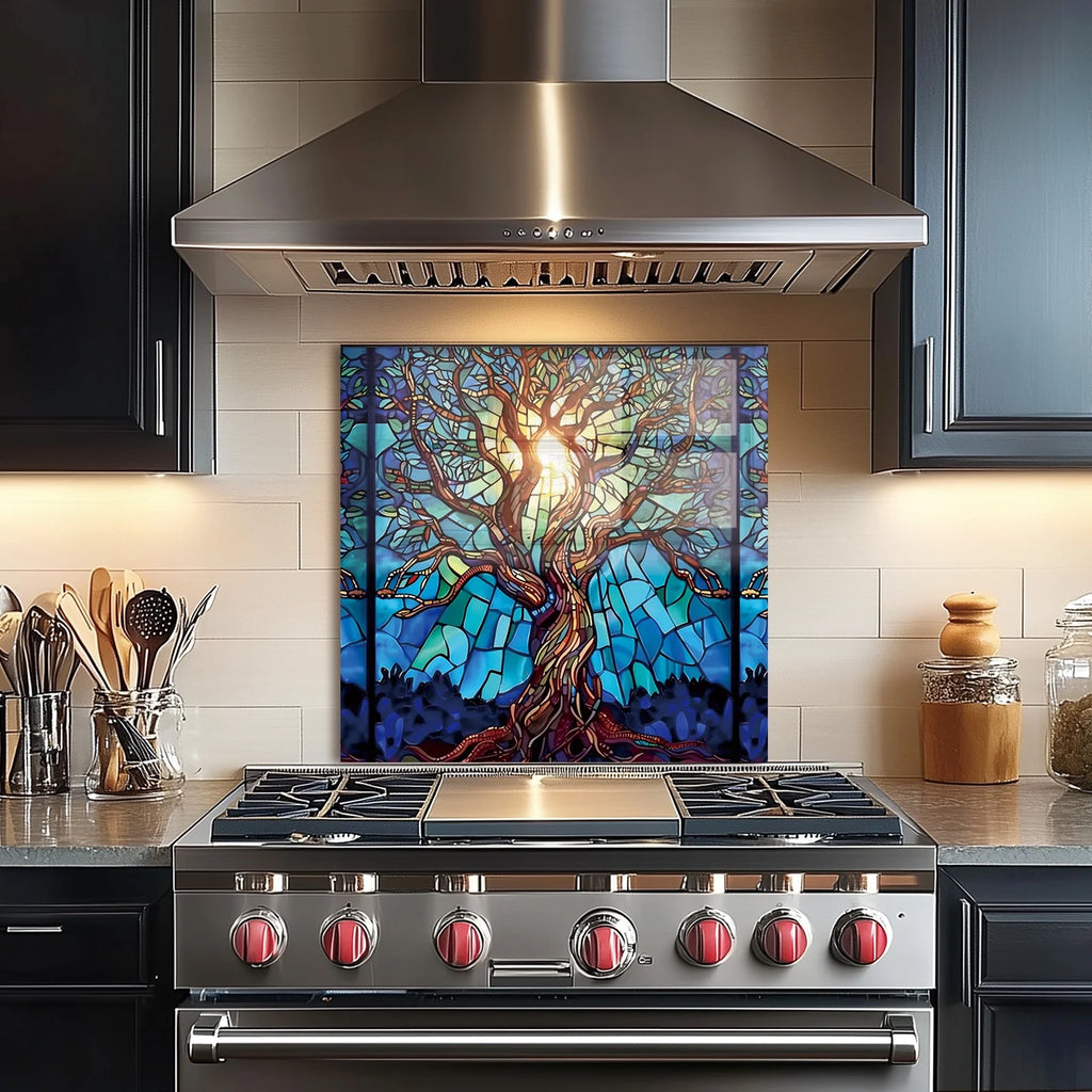 Crédence en verre trempé motif Arbre de vie en mosaïque pour cuisine derrière la cuisinière, cache supérieur pour cuisinière, crédence en verre facile à nettoyer, pare-éclaboussures pour évier, décoration murale de cuisine pour la maison