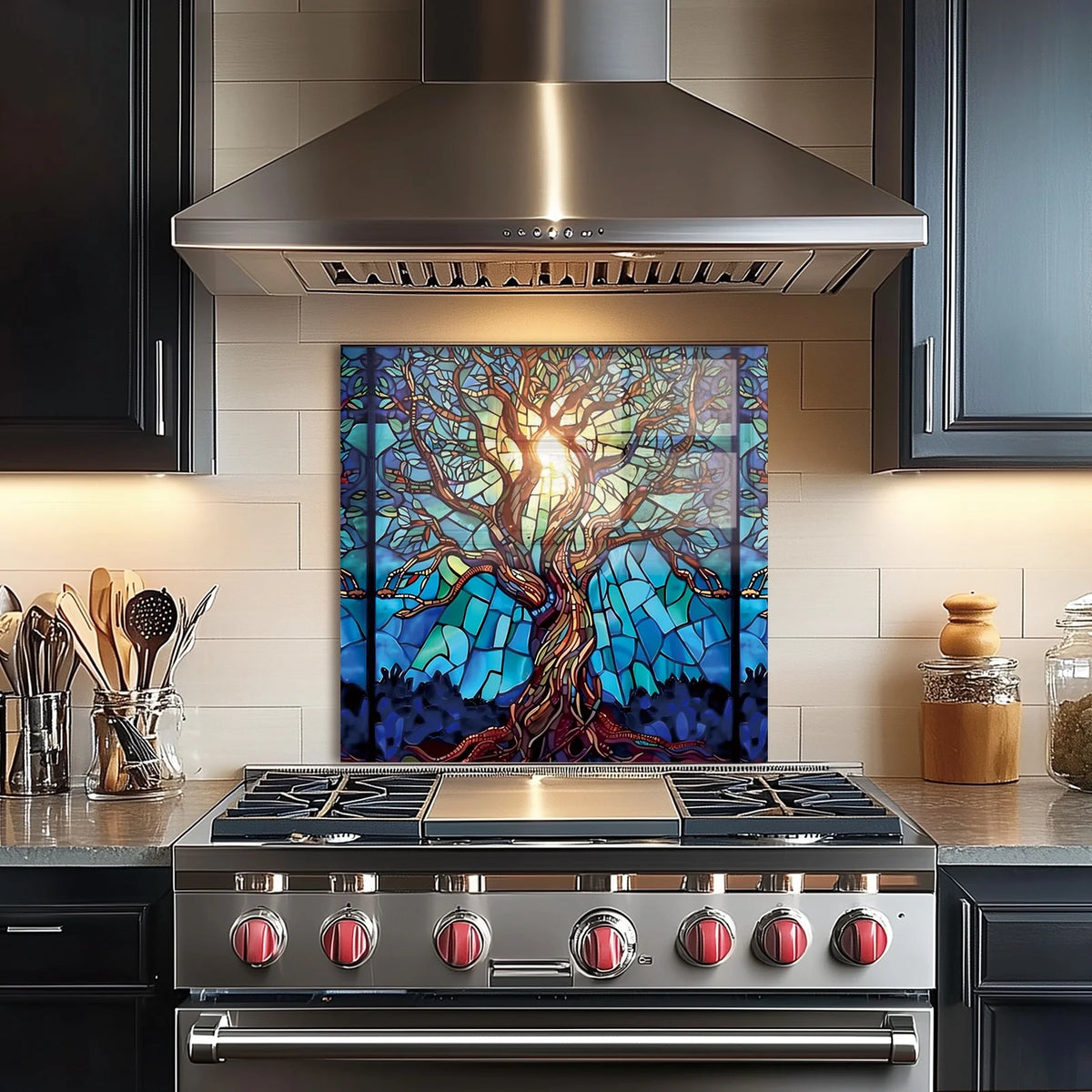 Crédence en verre trempé motif Arbre de vie en mosaïque pour cuisine derrière la cuisinière, cache supérieur pour cuisinière, crédence en verre facile à nettoyer, pare-éclaboussures pour évier, décoration murale de cuisine pour la maison