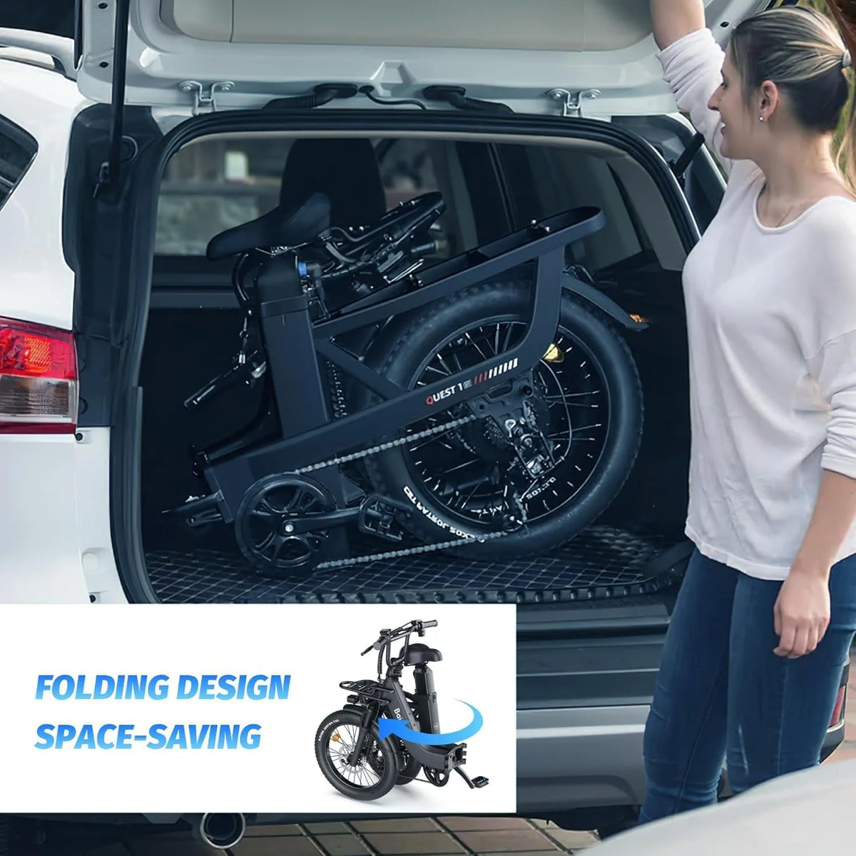 Vélo électrique pour adultes avec moteur de 1500 W en crête, 80 miles d’autonomie maximale, 7 vitesses, batterie amovible de 750 Wh, vélo électrique pliant avec pneus larges de 20 pouces, suspension intégrale et certification UL