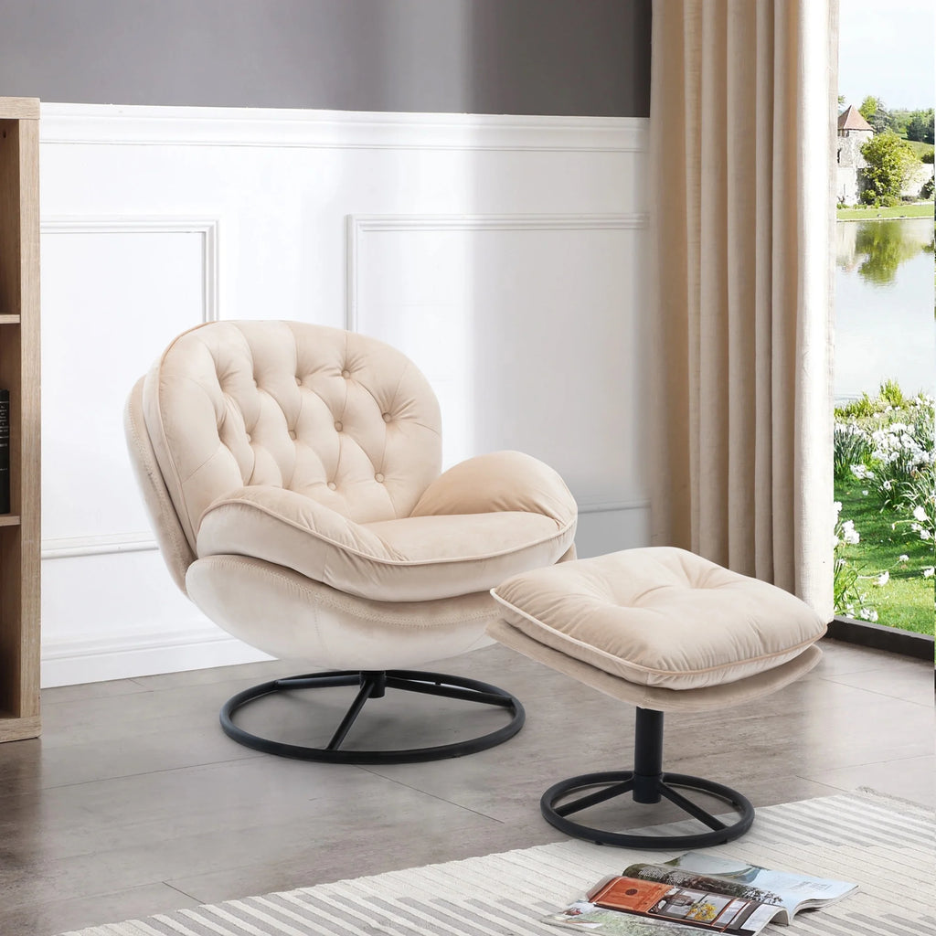 Fauteuil d'appoint pivotant en velours avec pouf, fauteuil méridienne moderne avec structure en métal et repose-pieds, fauteuil confortable pour la lecture, salon, chambre, bureau, bleu