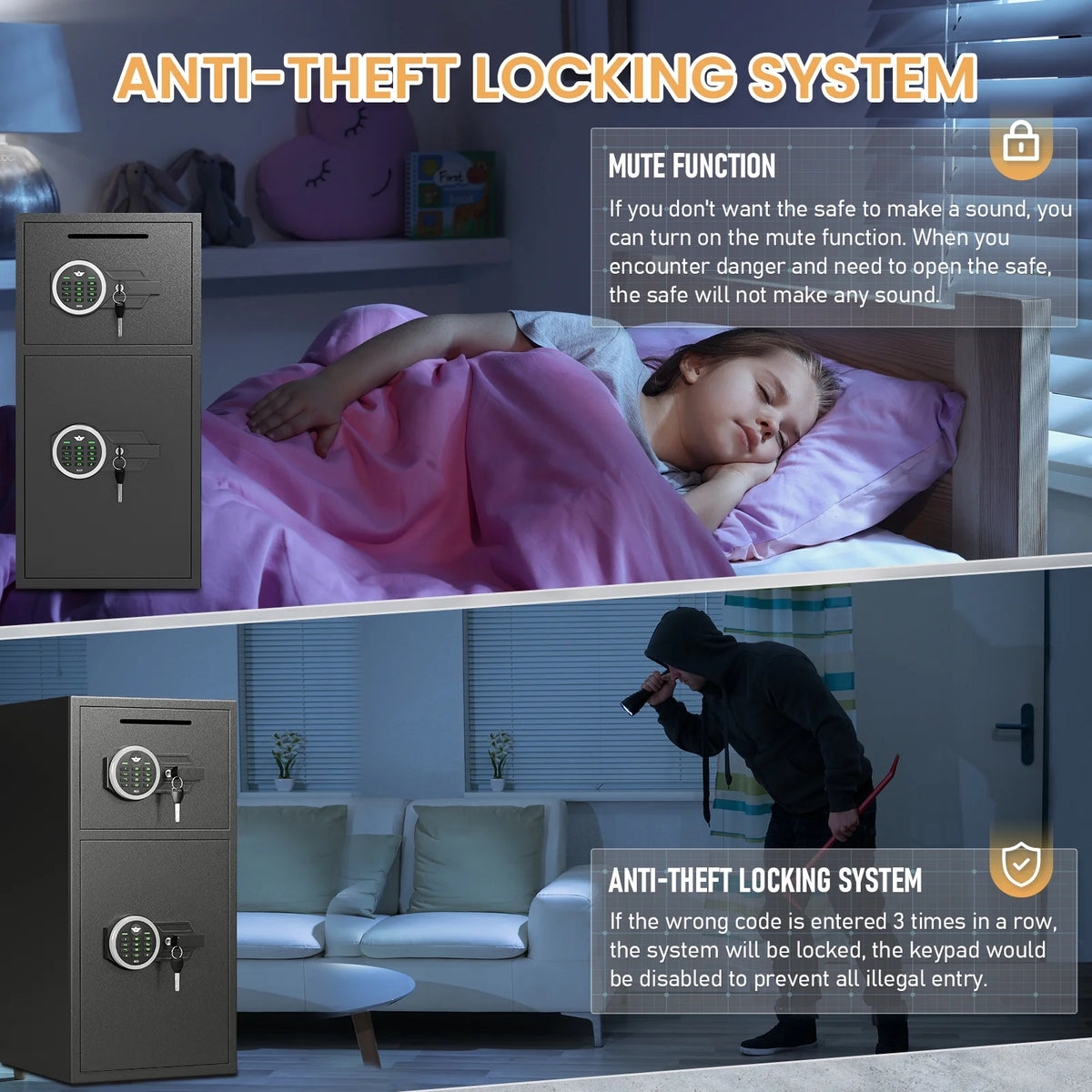 Silkight Safe - Coffre-fort domestique de 6,0 pi³ - Coffre-fort ignifugé à dépôt avec clavier rétroéclairé et système d'alarme pour la sécurité de l'argent à la maison et en entreprise