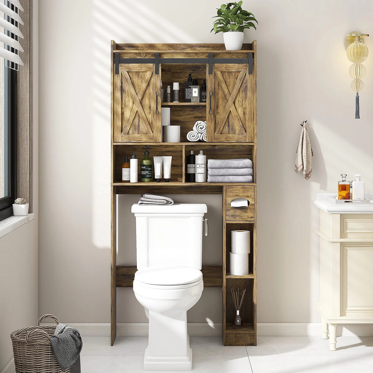 Meuble de rangement au-dessus des toilettes, meuble de rangement de style maisonnette au-dessus des toilettes avec portes coulissantesÉtagère de rangement gain de place pour toilettes, pour salle de bains, toilettes, buanderie