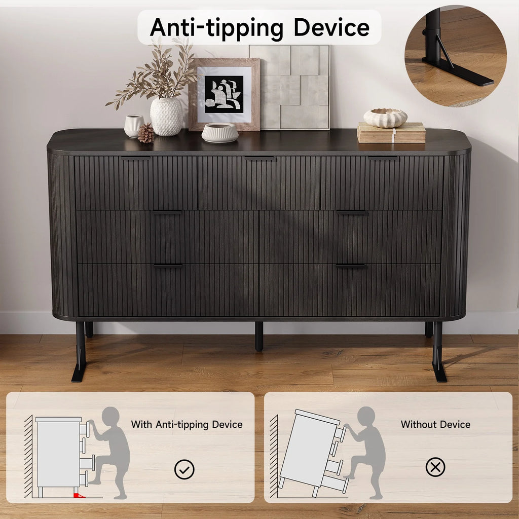 Commode cannelée à 7 tiroirs pour chambre, largeur 60 pouces, moderne, en bois, avec poignées en métal, design aux lignes courbes – Idéale également comme meuble TV pour salon ou couloir, noir