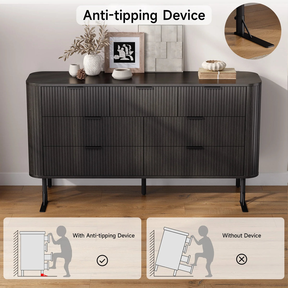 Commode cannelée à 7 tiroirs pour chambre, largeur 60 pouces, moderne, en bois, avec poignées en métal, design aux lignes courbes – Idéale également comme meuble TV pour salon ou couloir, noir