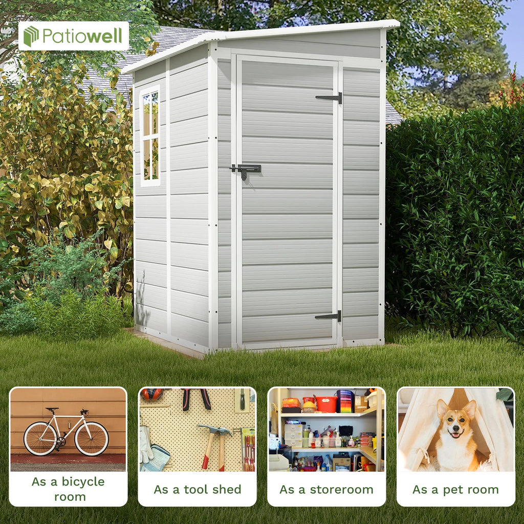 Abri de rangement extérieur Patiowell 5x4 pi, Abri de rangement en résine avec plancher, fenêtre et porte verrouillable pour meubles de patio, outils de jardin et vélo, Blanc