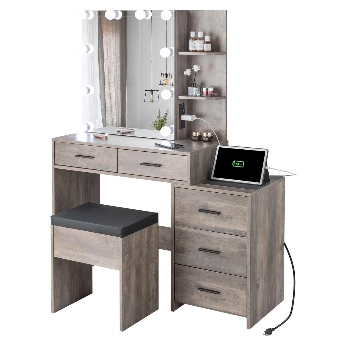 Coiffeuse Ktaxon avec miroir éclairé à 3 couleurs & station de charge, table de maquillage avec 3 étagères de rangement & tiroirs, bureau de toilette avec tabouret, gris rétro