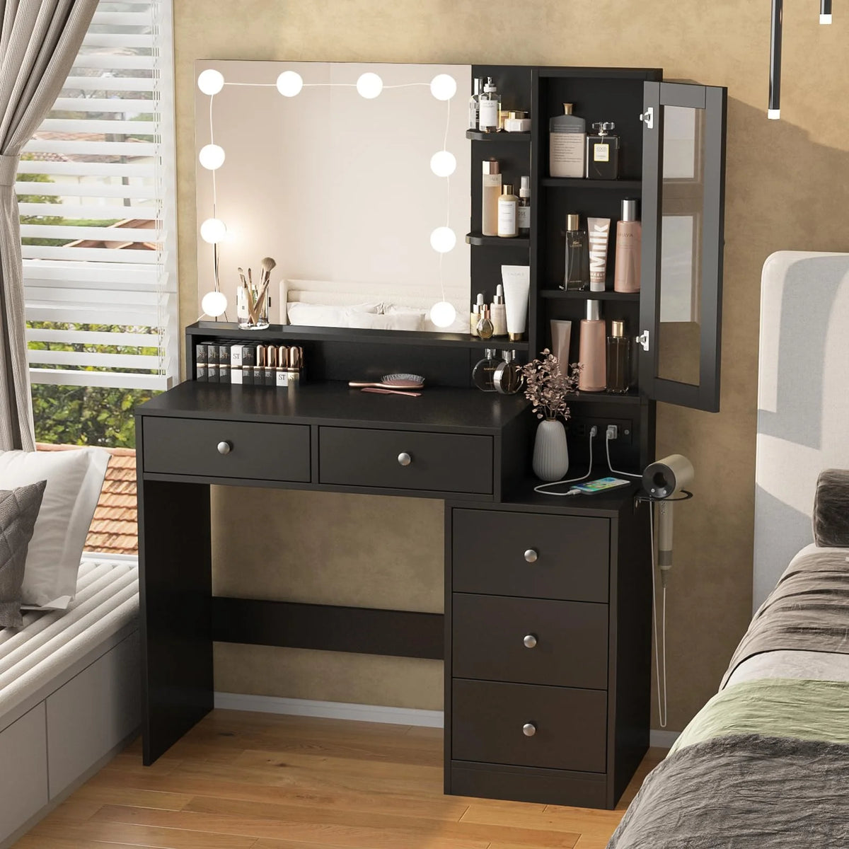 Coiffeuse VEANERWOOD avec miroir éclairé et bloc multiprise, table de maquillage moderne avec 5 tiroirs, blanc