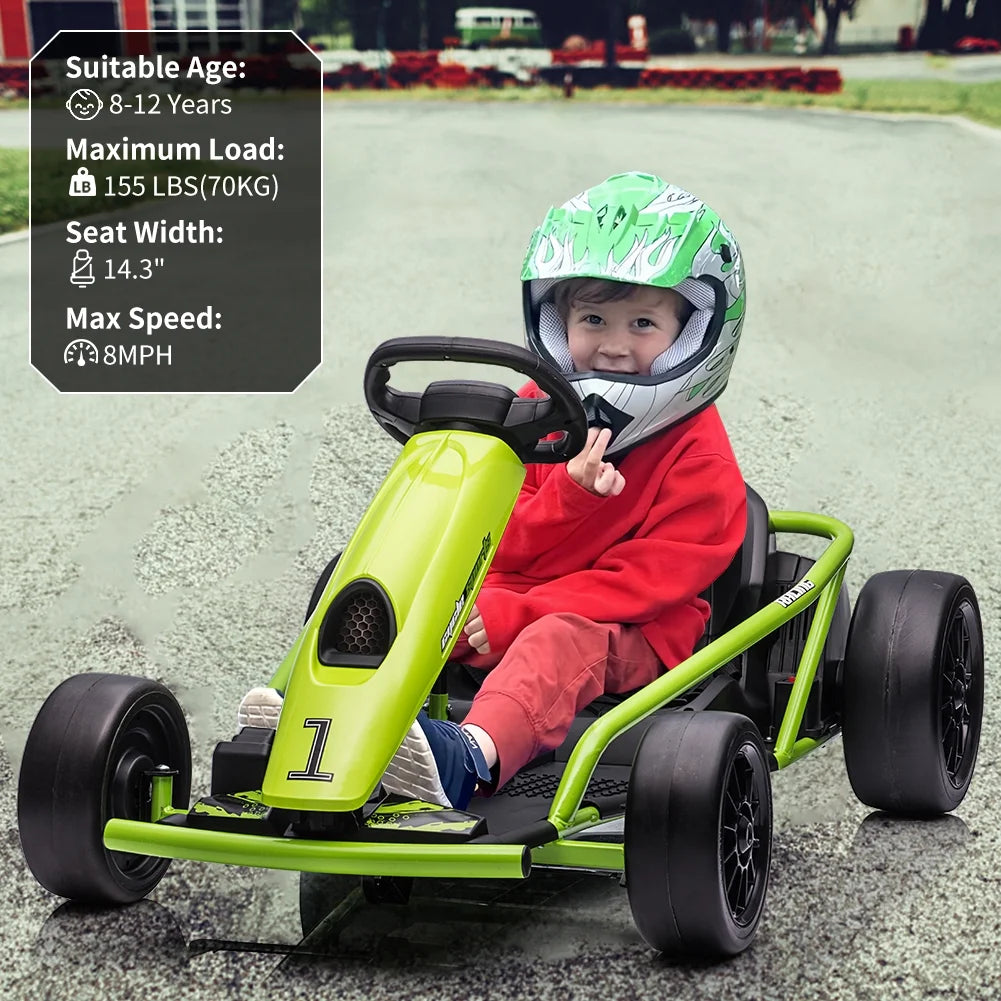 Kojooin Karting pour enfants, Batterie 24V Moteurs 300WX2 Karting à pédales à pied, Voiture de dérapage haute vitesse 8MPH avec fonction de démarrage progressif, Rouge rose