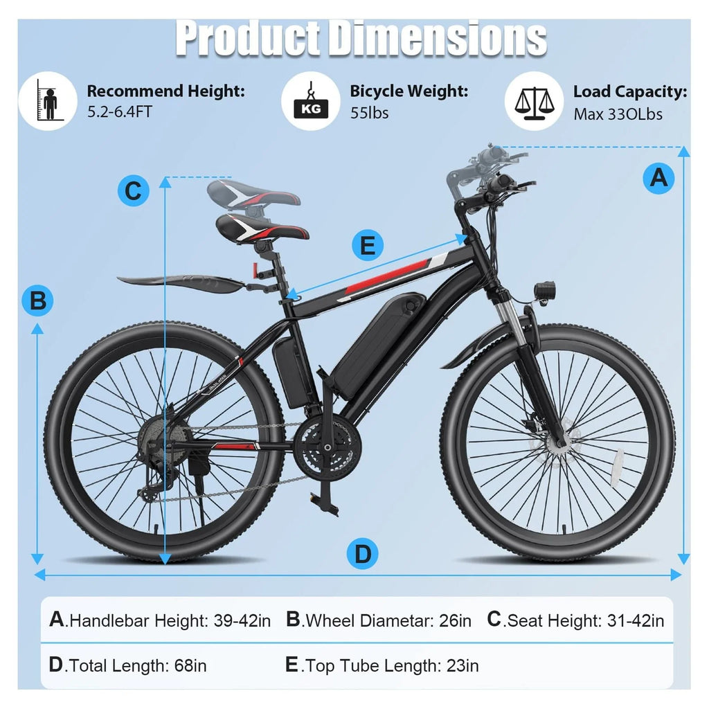 Vélo électrique Elifine 500W pour adultes, vélo électrique tout-terrain 26 avec 5 modes de conduite, batterie 48V 7,8Ah, Shimano 21 vitesses & 19,8 mph vélo électrique urbain en alliage d'aluminium jusqu'à 50 miles