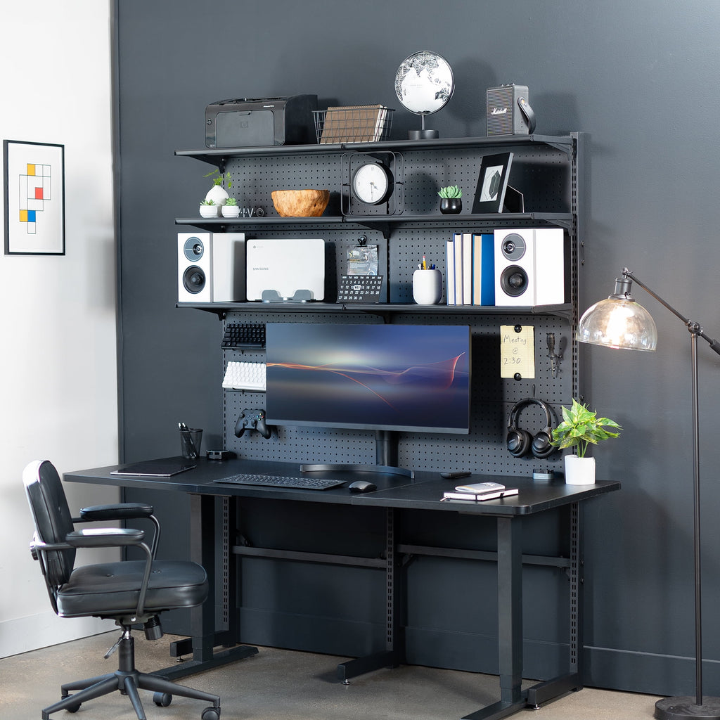 Système de panneau perforé modulaire autoportant noir VIVO avec rangement sur 3 niveaux
