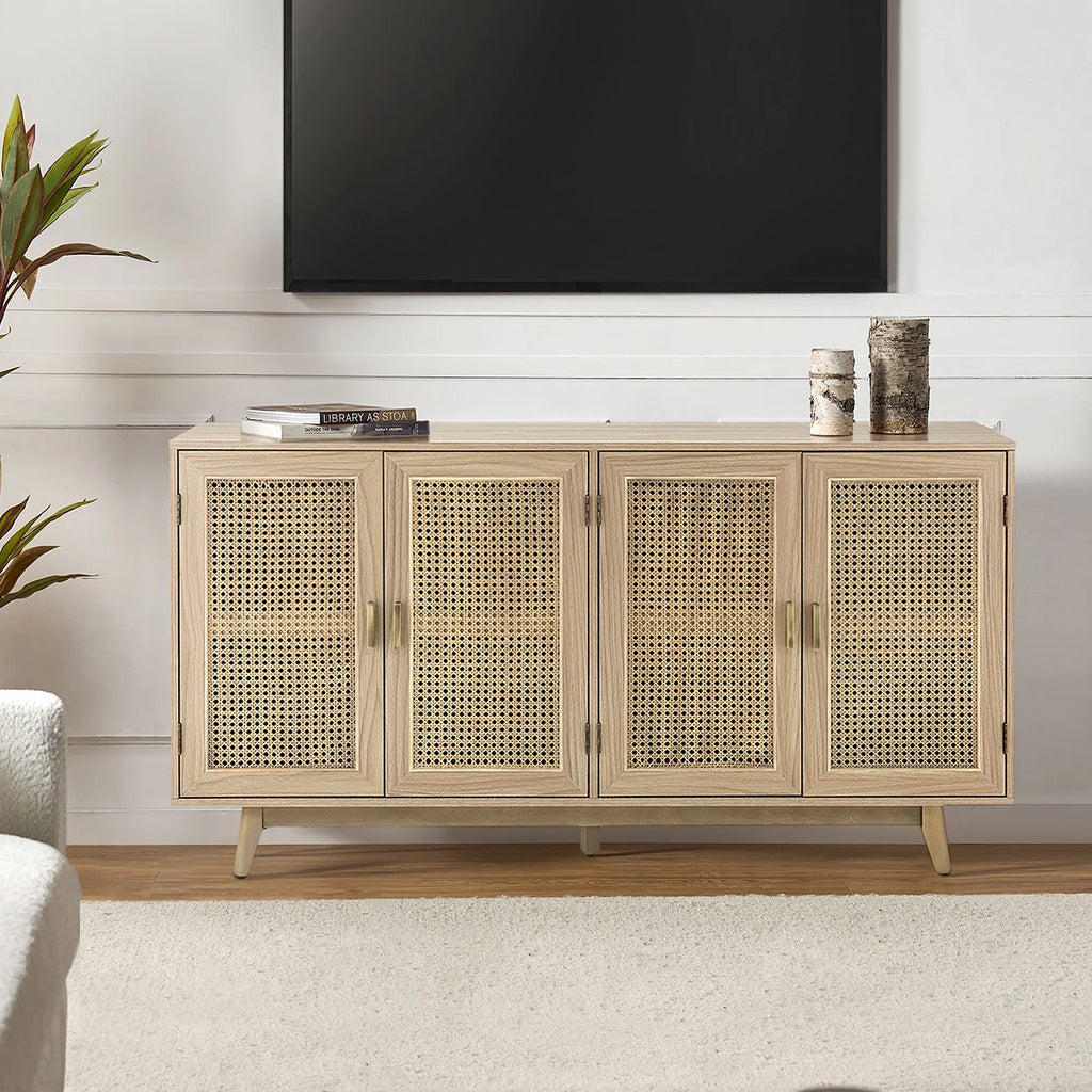 Buffet Boho en bois à 3 portes, meuble de rangement avec portes en rotin, noyer