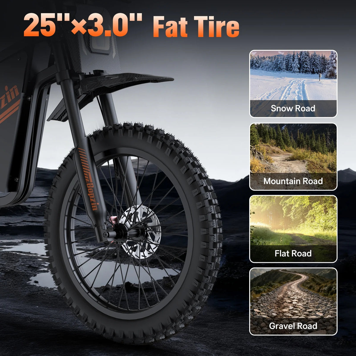 Moto tout-terrain électrique pour adultes, 60 V 35 Ah, 3 000 W, 45 mi/h et autonomie de 37 à 68 mi, vélo de montagne tout-terrain à pneus larges de 25 po, UL2849
