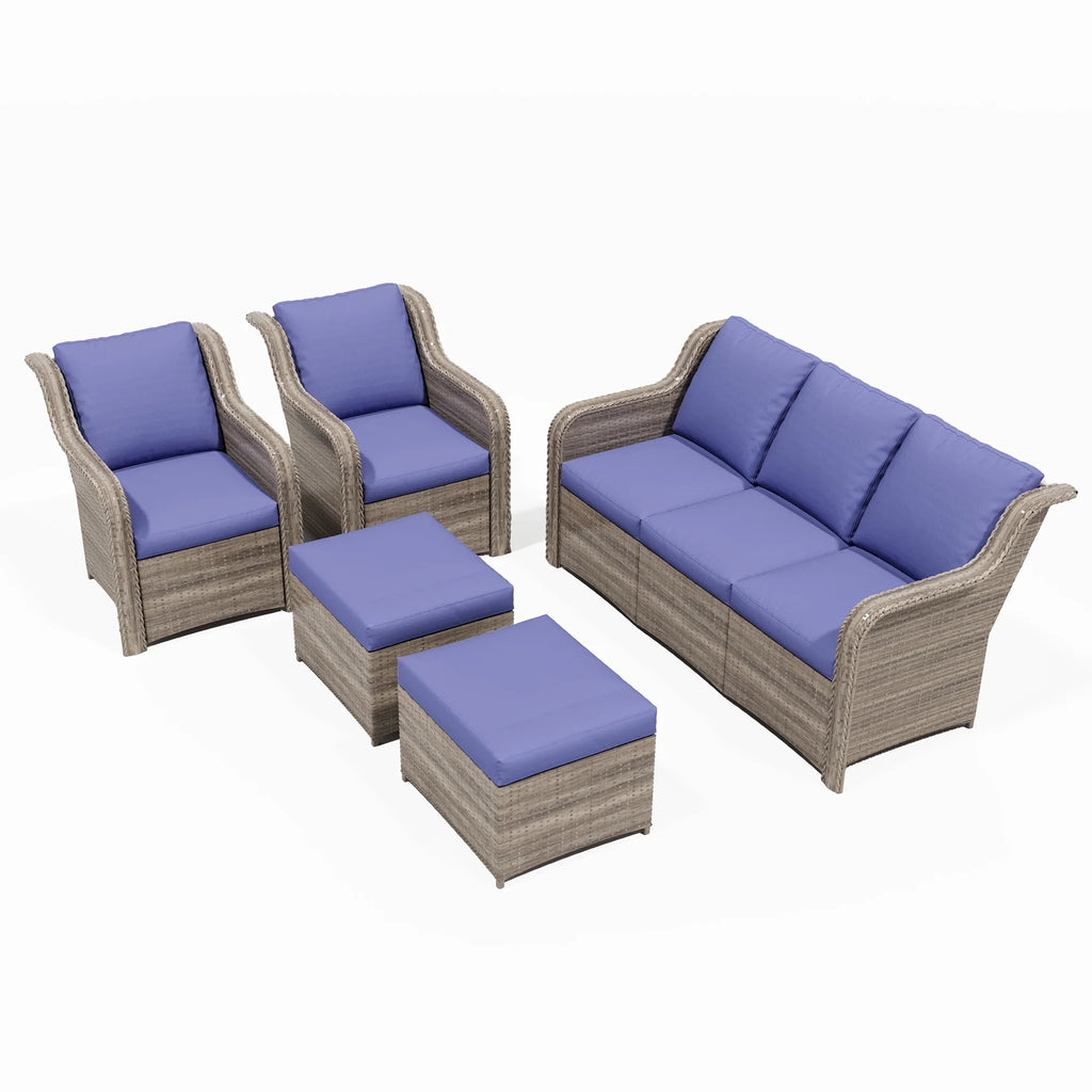 Salon de jardin Ainfox 7 pièces en promotion, canapé en rotin gris avec coussins gris