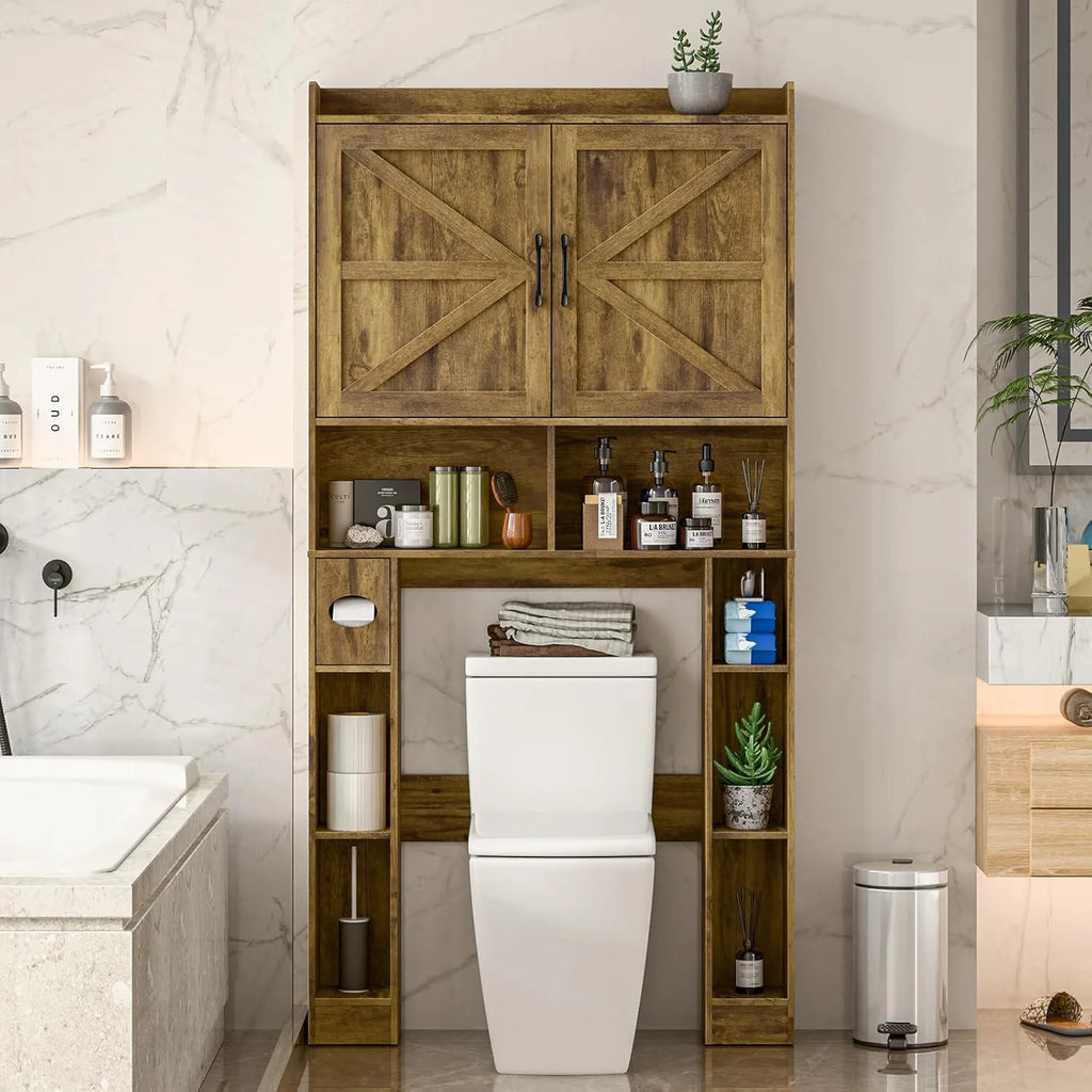 Meuble de rangement Vabches au-dessus des toilettes avec porte-papier toilette, avec étagère réglable et 2 portes