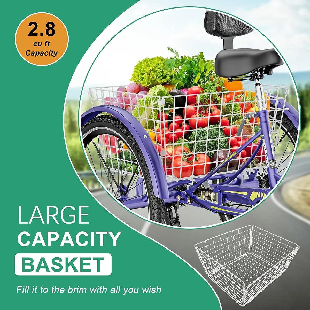 Tricycles pour adultes MOONCOOL avec panier arrière et pompe à pied, vélos à 3 roues 7 vitesses de 24 et 26 pouces, vélo à trois roues pour adultes avec dossier pour seniors, femmes et hommes