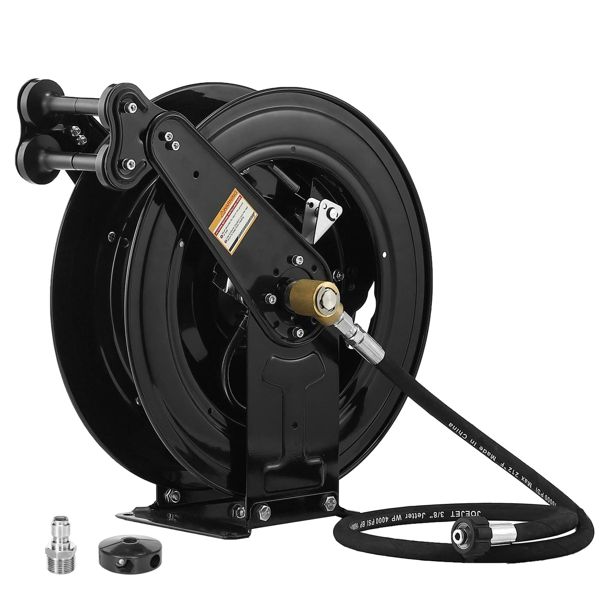 Enrouleur de tuyau automatique pour nettoyeur haute pression, 50 pi x 3/8, enrouleur robuste à double bras en acier pour tuyau de nettoyeur haute pression, 4 000 PSI