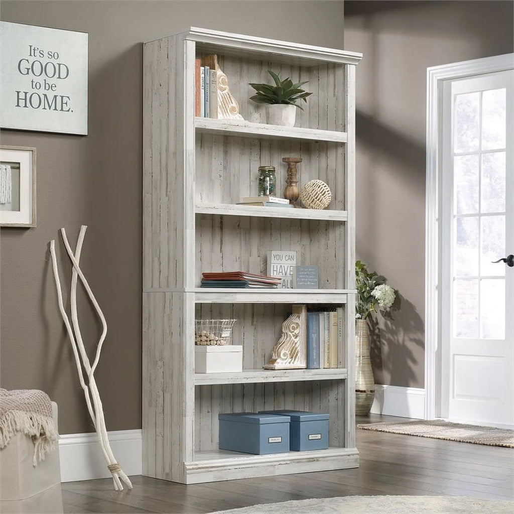 Bibliothèque haute contemporaine Pemberly Row en bois à 5 étagères, blanc à lattes