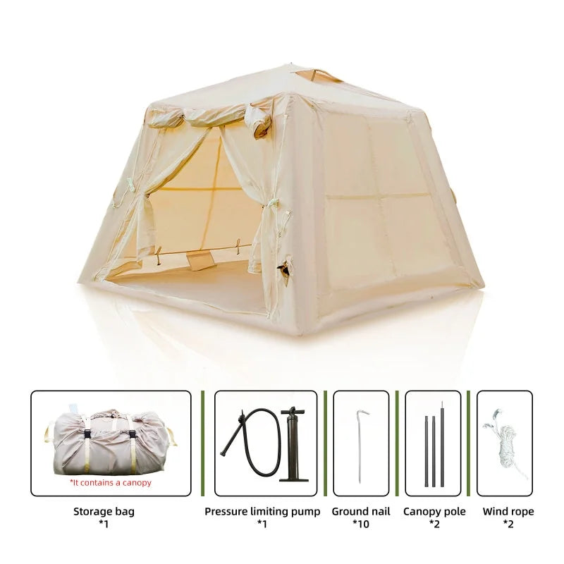 Tente de camping gonflable beige 5,76 m (4 saisons : auvent + pompe à main, pour 2 à 3 personnes, en tissu Oxford imperméable, installation facile, tente de glamping)