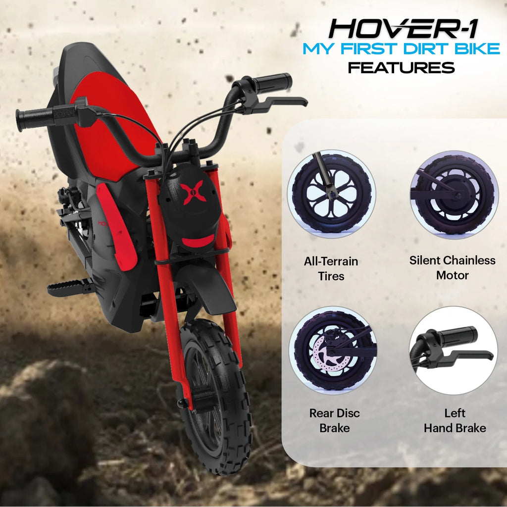 Hover-1 My First Dirt Bike for Kids - 300W Motor, 9MPH Max Speed, 9 Mile Range, 12 Off-Road Tires, 120LB Max Weight, Twist Grip Throttle & Rear Disc Brake Electric Dirt Bike for Kids Ages 5+ Years