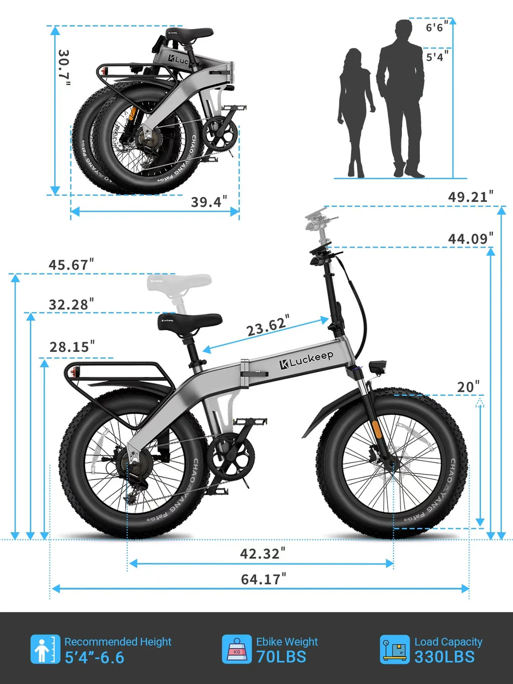Vélo électrique pliable Luckeep X1 Lite pour adultes, moteur de 1 500 W en crête, batterie amovible de 720 Wh, autonomie de 60 mi à 28 mi/h, vélo électrique tout-terrain à pneus larges 20 × 4 avec suspension avant, vélo électrique de montagne