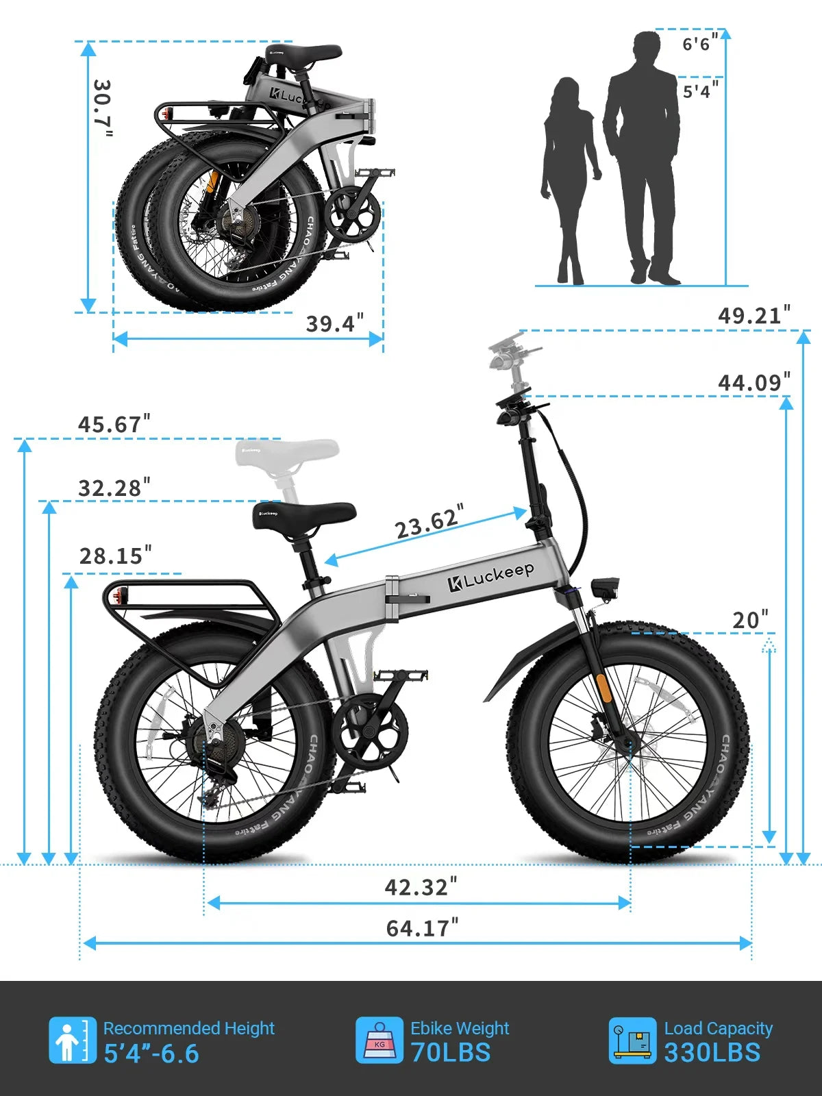 Vélo électrique pliable Luckeep X1 Lite pour adultes, moteur de 1 500 W en crête, batterie amovible de 720 Wh, autonomie de 60 mi à 28 mi/h, vélo électrique tout-terrain à pneus larges 20 × 4 avec suspension avant, vélo électrique de montagne