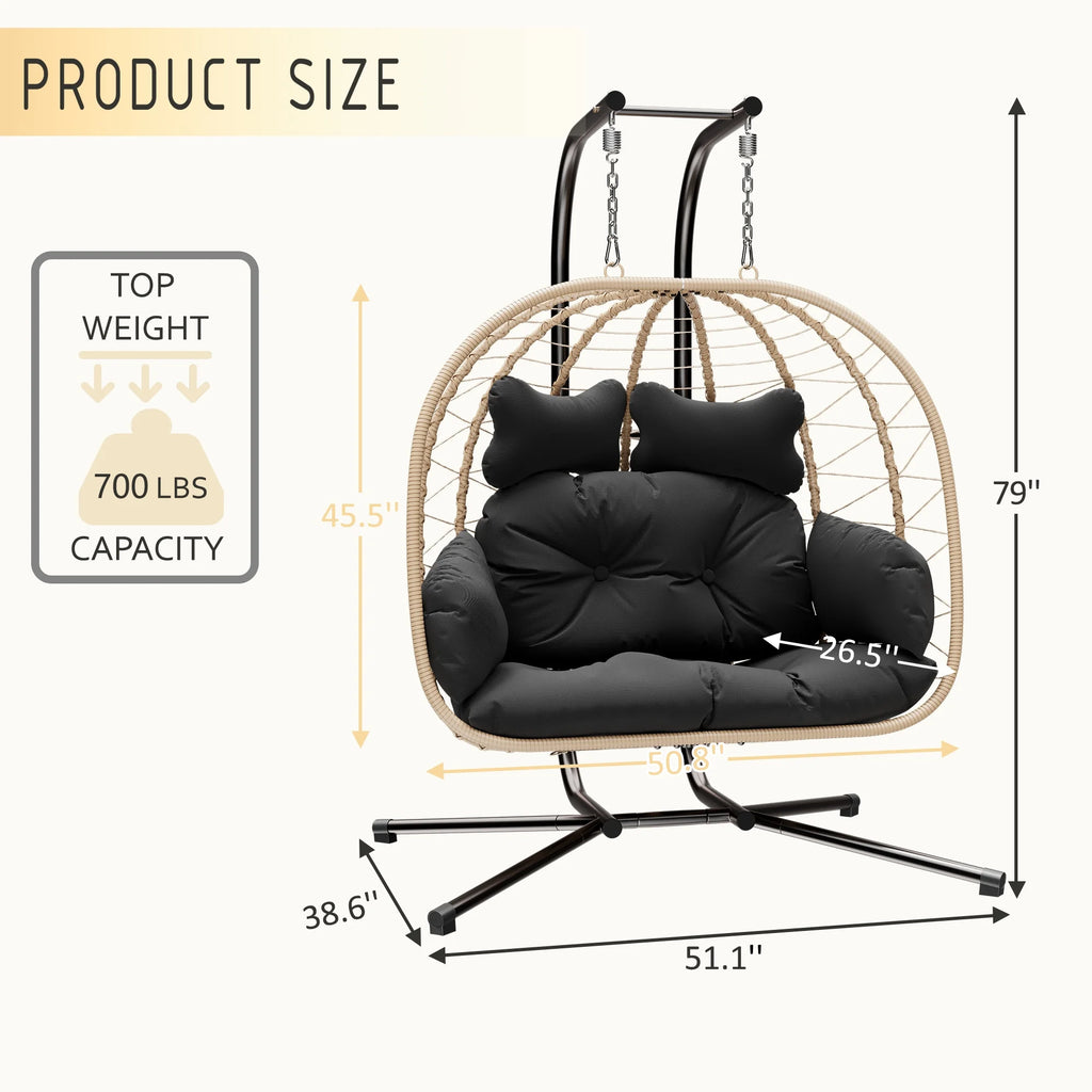 Bifanuo Fauteuil œuf balancelle double en osier, canapé suspendu pliant avec support, coussins amovibles résistants aux UV, capacité de 700 lb pour chambre, balcon (noir et beige)