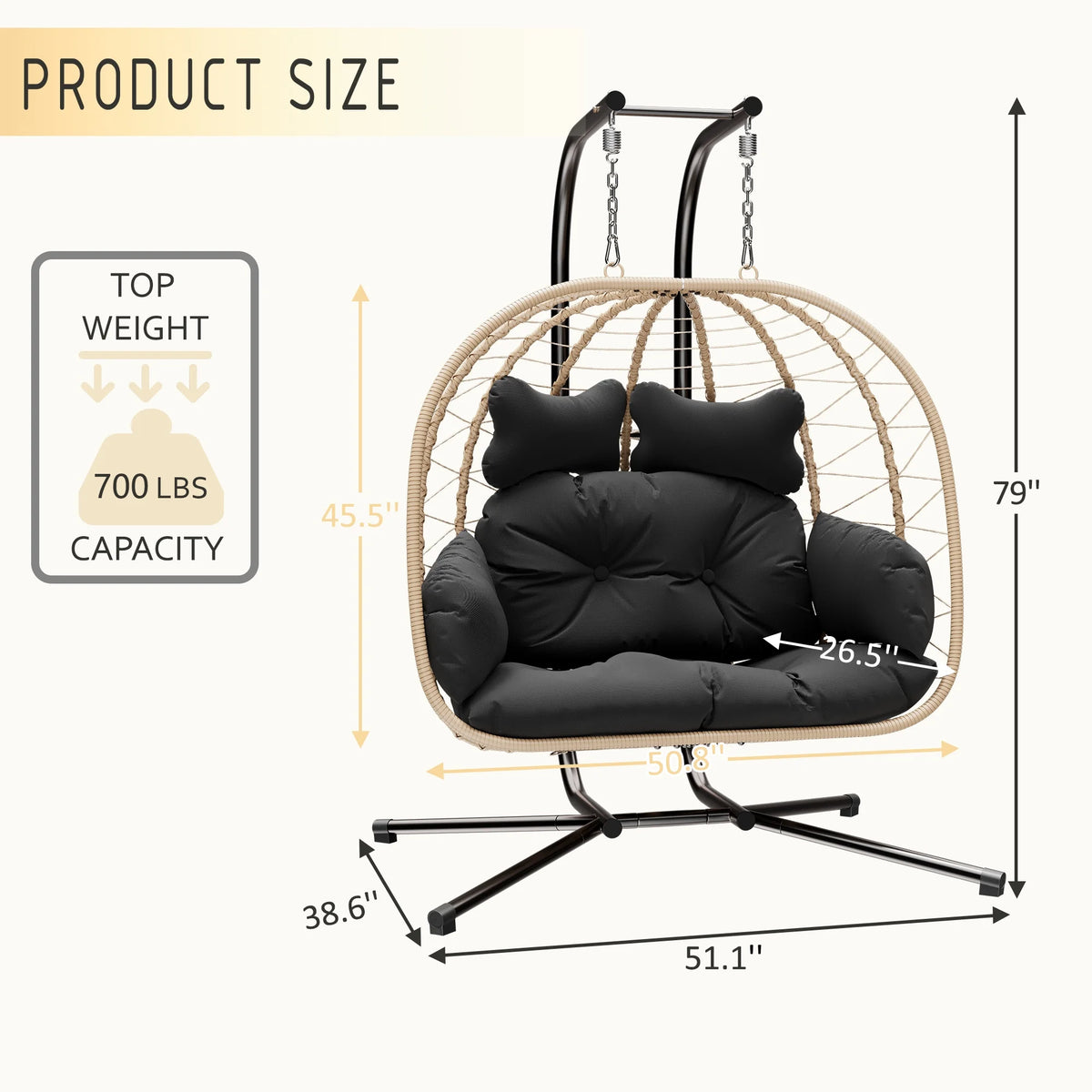 Bifanuo Fauteuil œuf balancelle double en osier, canapé suspendu pliant avec support, coussins amovibles résistants aux UV, capacité de 700 lb pour chambre, balcon (noir et beige)