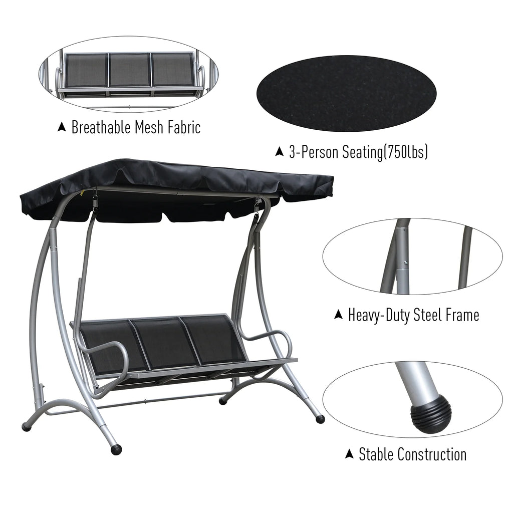 Balancelle de jardin Outsunny pour 3 personnes, balancelle de terrasse avec support et auvent réglable, banc-balancelle d'extérieur robuste pour adultes, noir